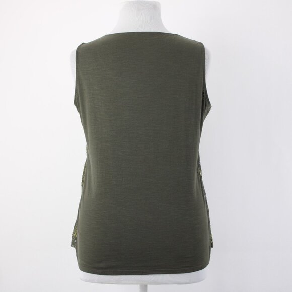 Coldwater Creek Top $75 Sz 1x Green Olive Sequin Chevron Poly Cotton Top - Picture 8 of 16